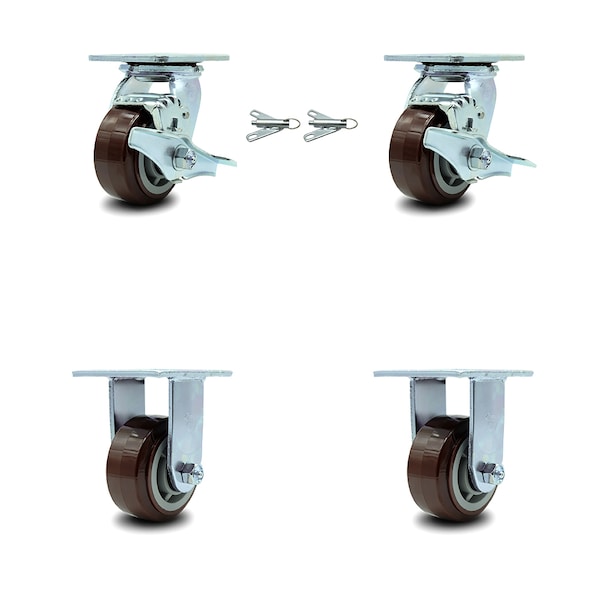 Service Caster 4 Inch Polyurethane Caster Set with 2 Brakes/Swivel Lock 2 Rigid SCC-30CS420-PPUR-TLB-BSL-2-R-2 - main